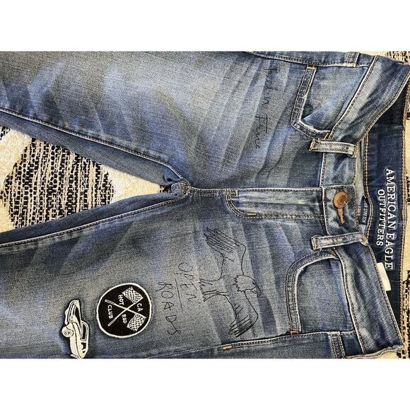 American Eagle Graffiti Jeggings Jeans Patches Scribble Distressed Size 0 - Picture 3 of 8